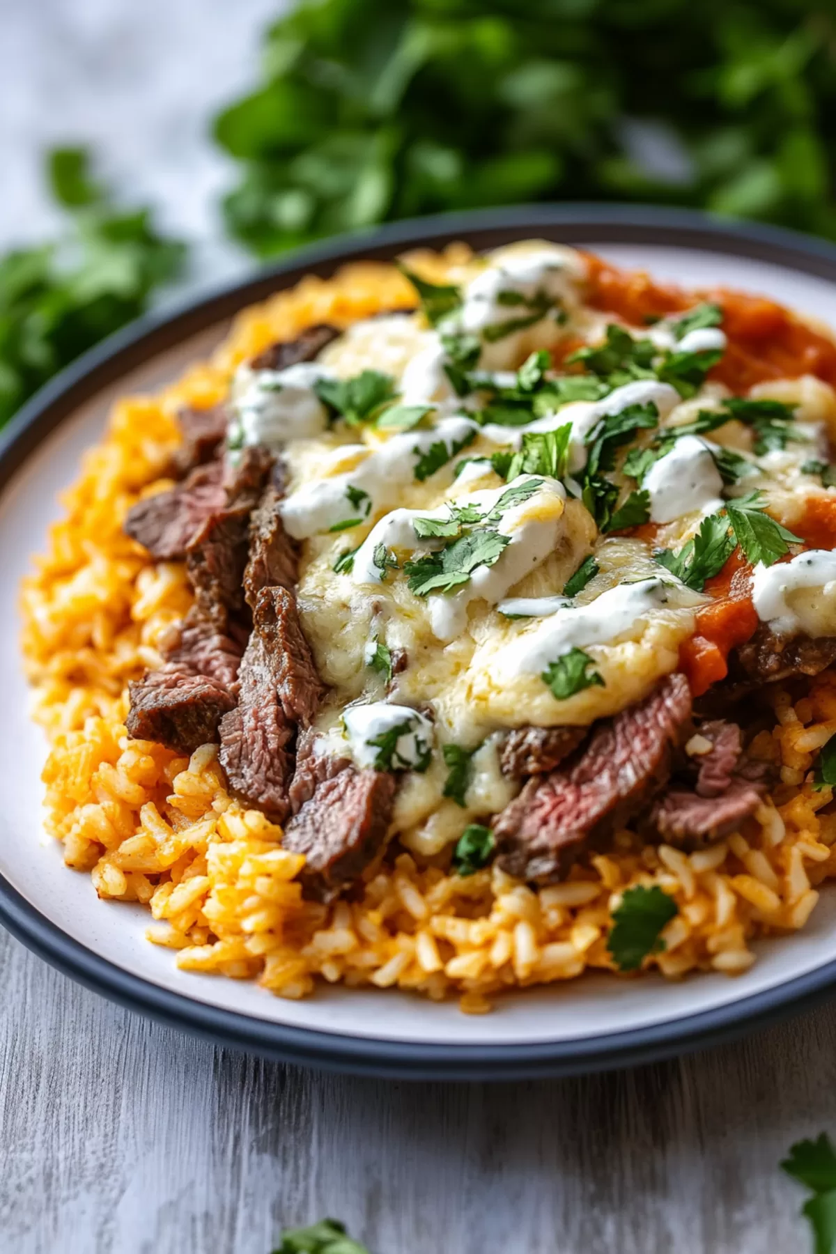 A casserole dish filled with steak and rice, covered in a rich queso topping, ready to serve.