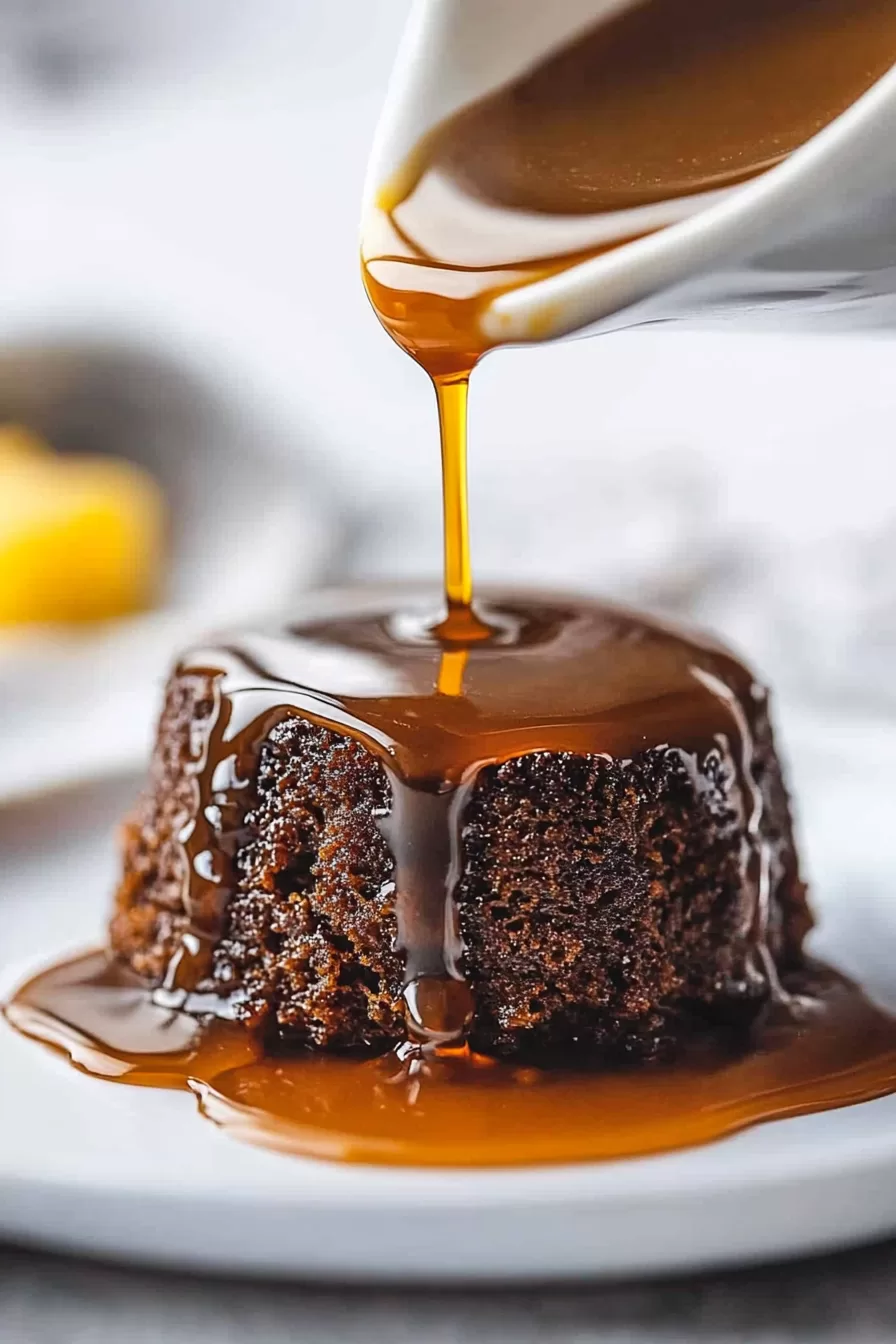 Warm dessert served with a drizzle of caramel sauce on top.