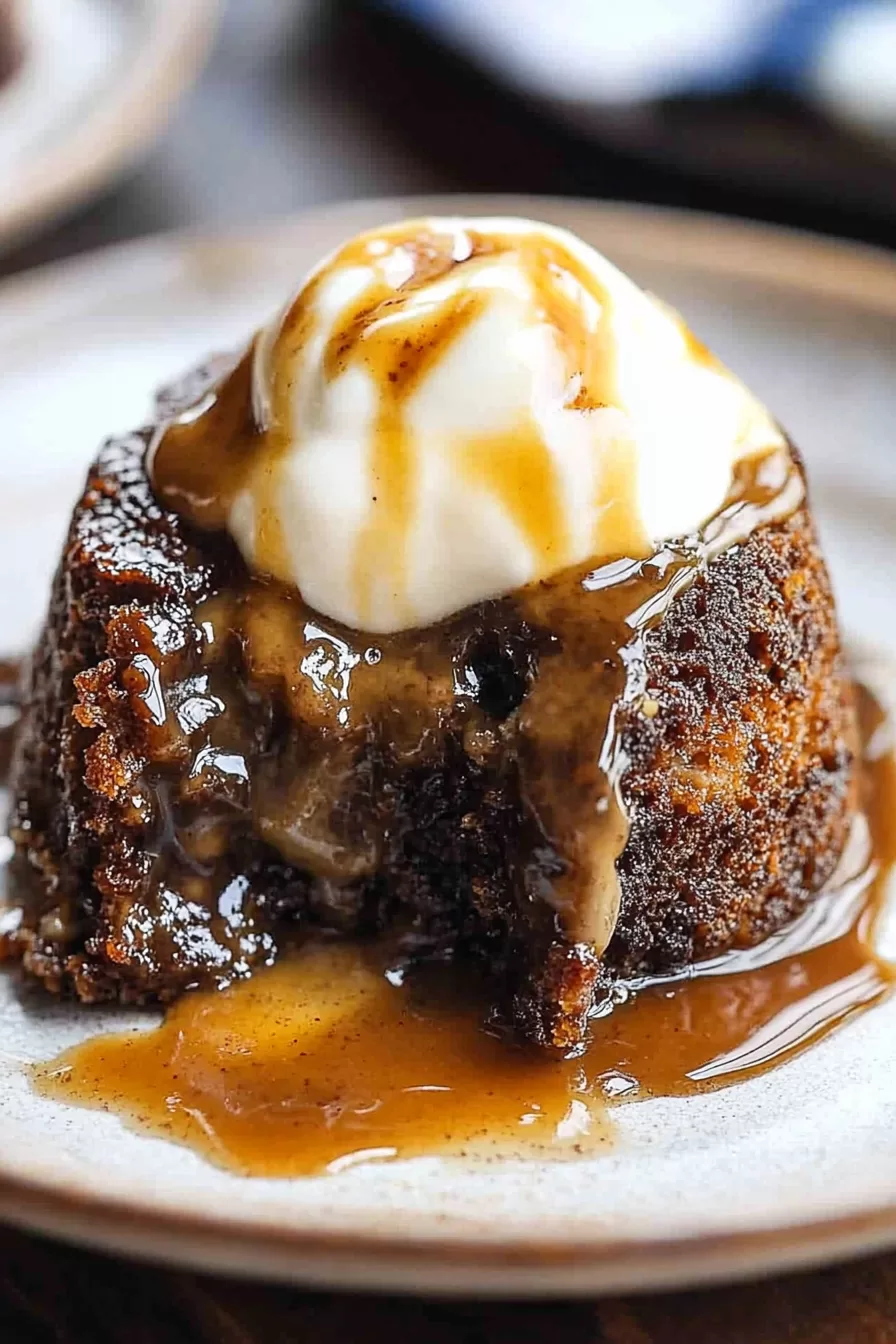 Close-up of a moist dessert with a glossy, dark sauce coating.