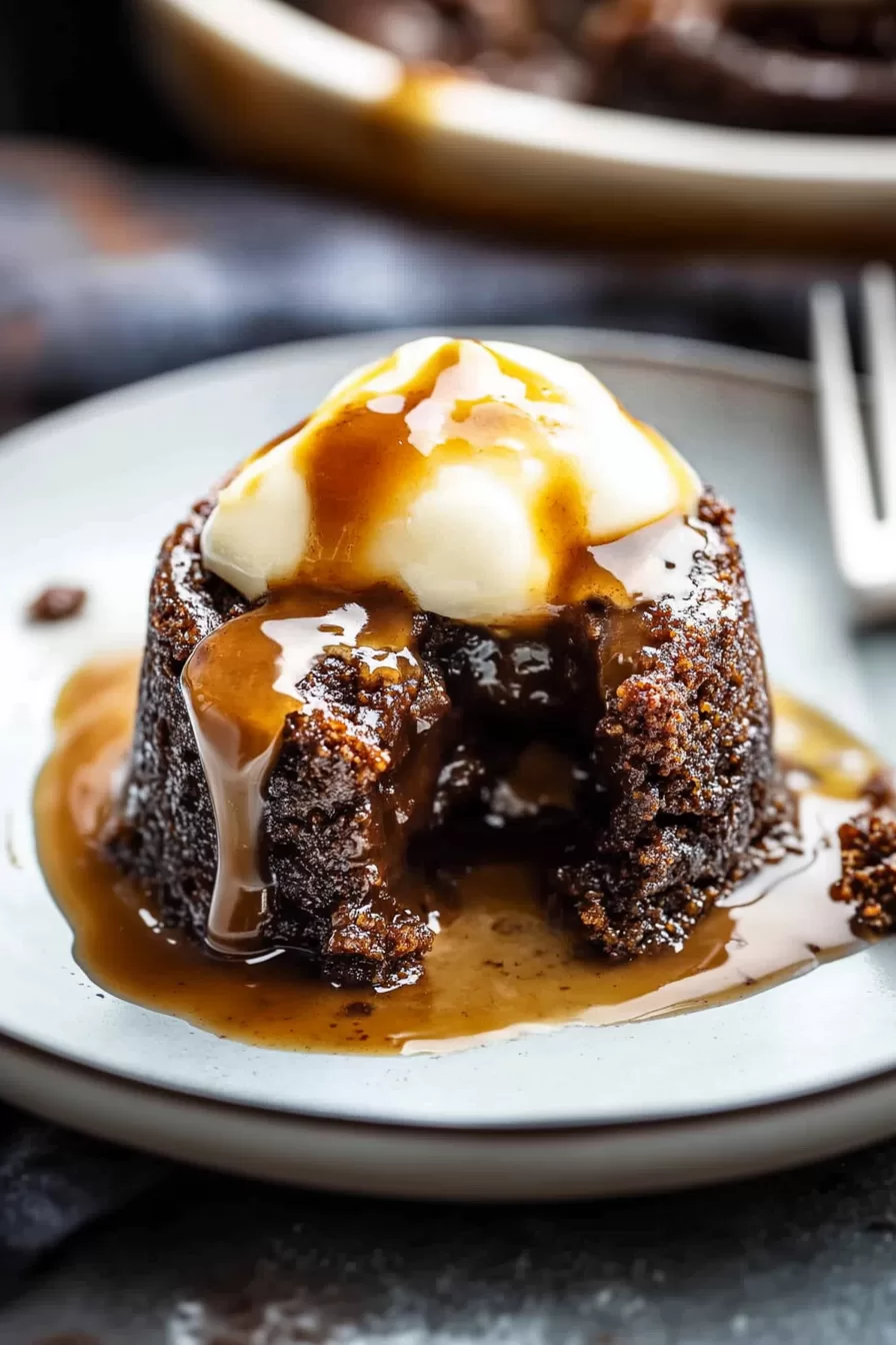 Single serving of a moist, saucy dessert on a white plate.