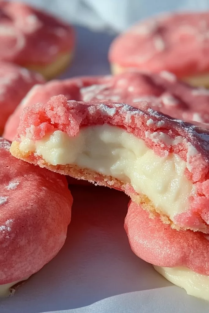 A close-up of a pink cookie with a creamy filling oozing out, showing a soft and tender texture.