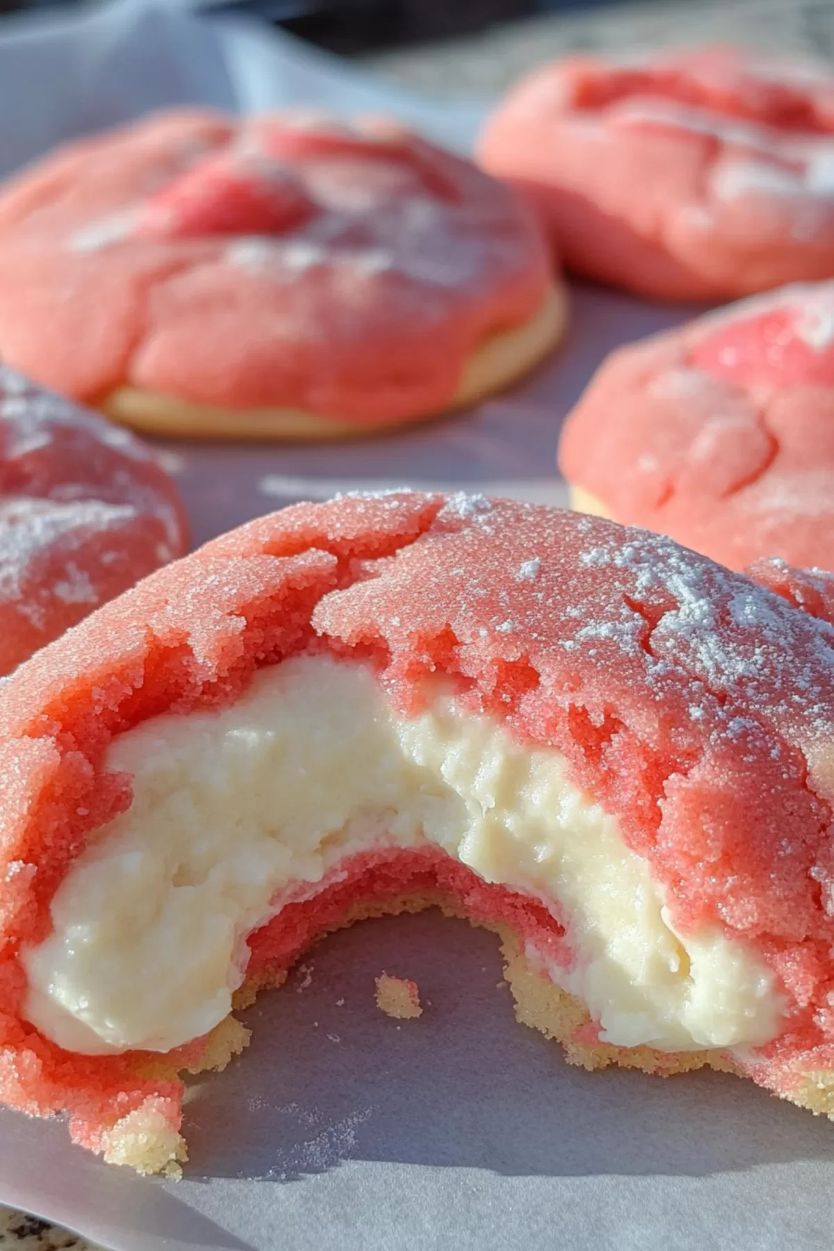 A partially eaten pink cookie resting on parchment paper, highlighting the contrast of its soft exterior and creamy interior.