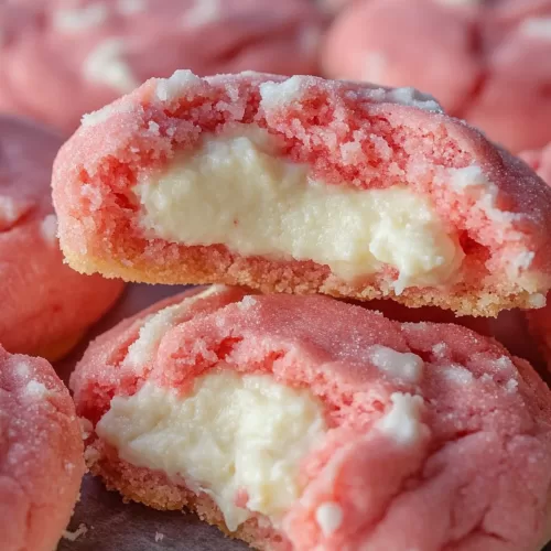 A plate of vibrant pink cookies with a bite taken out of one, revealing a smooth, creamy center.