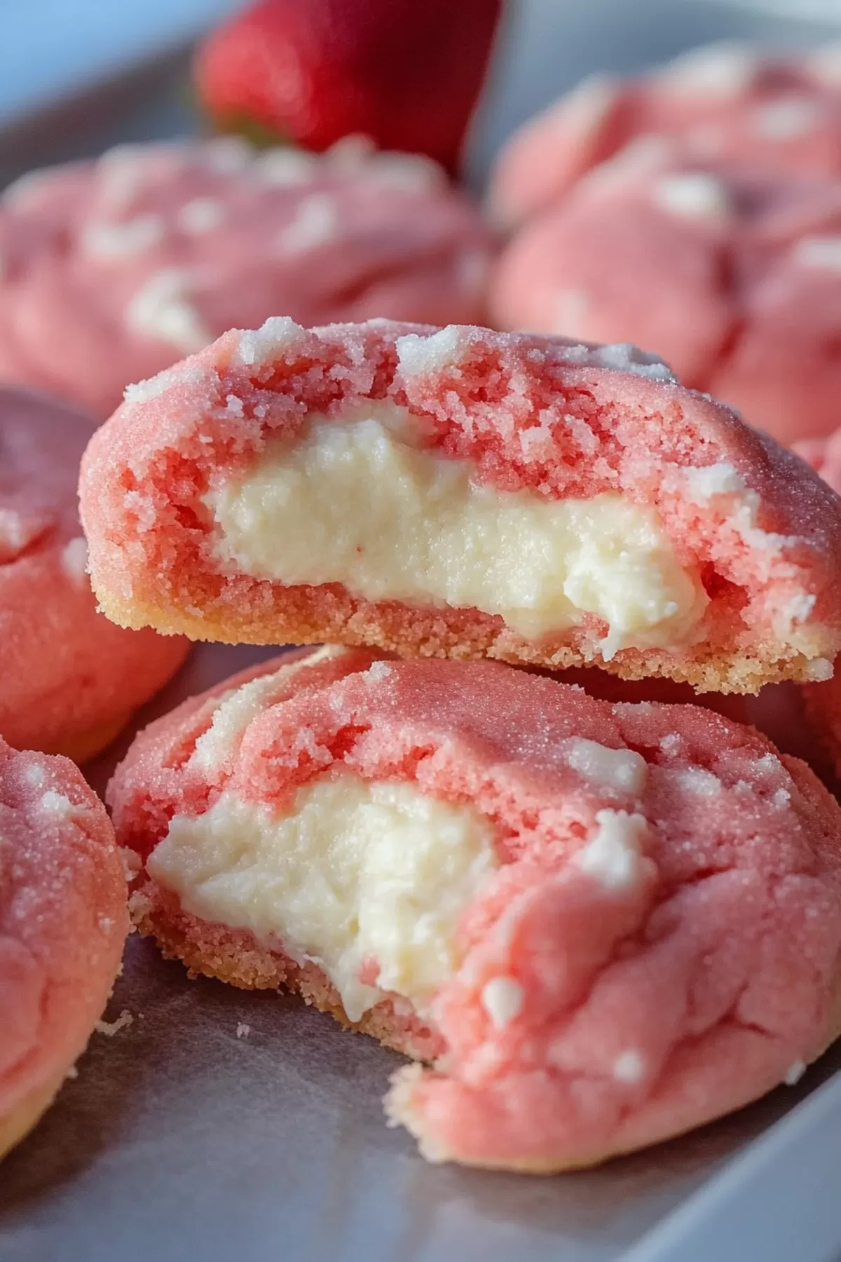 A plate of vibrant pink cookies with a bite taken out of one, revealing a smooth, creamy center.