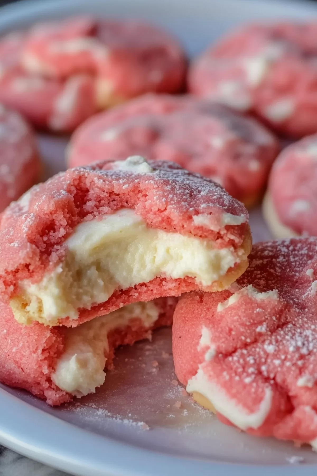 A stack of soft pink cookies, emphasizing their fluffy texture and a peek of creamy filling.