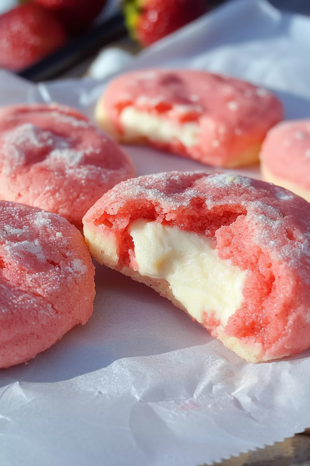 A spread of pink cookies arranged on a baking sheet, capturing their delicate powdered sugar topping and creamy centers.