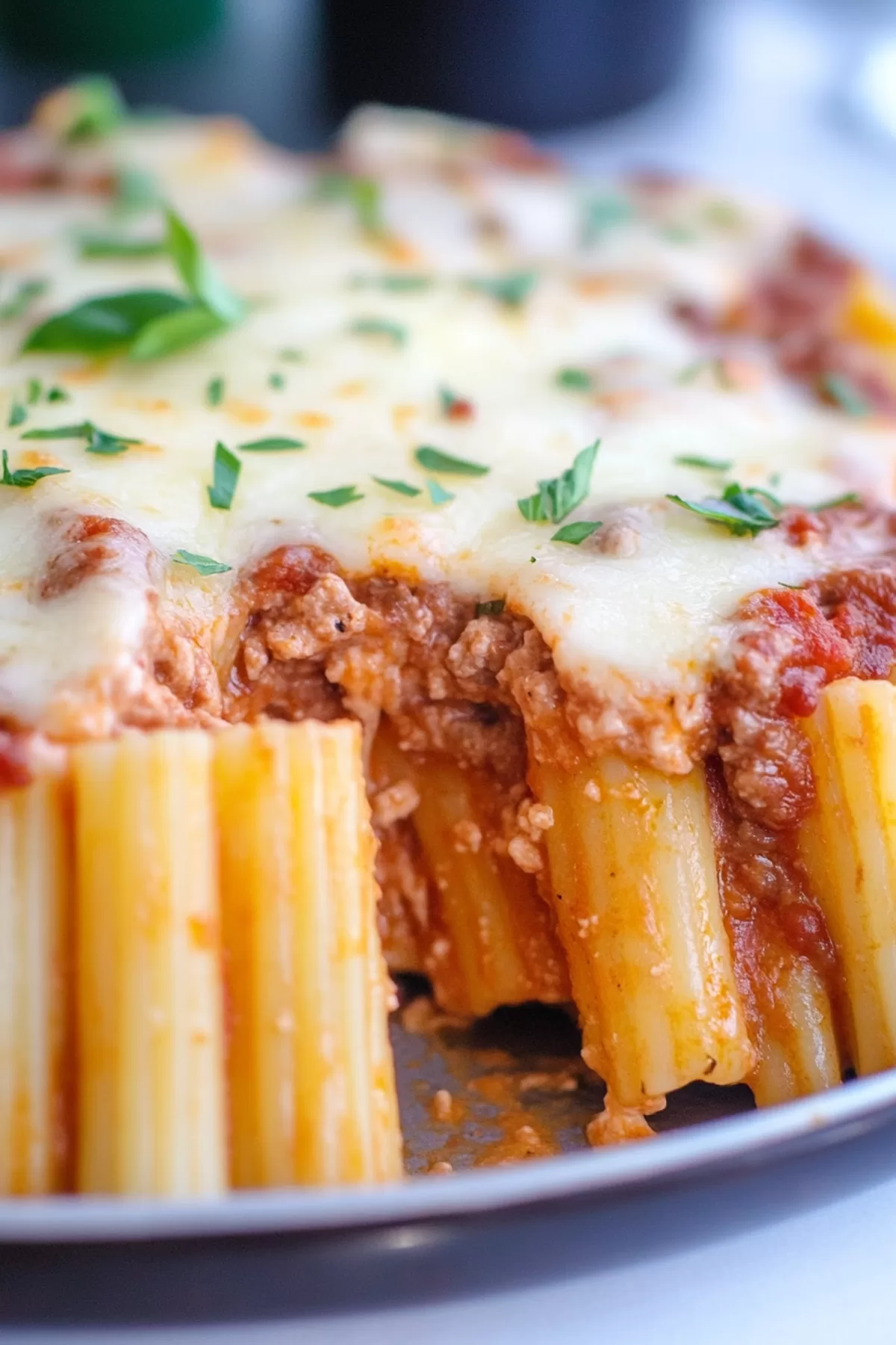 Baked pasta dish with a golden, cheesy crust and hints of bubbling sauce underneath.