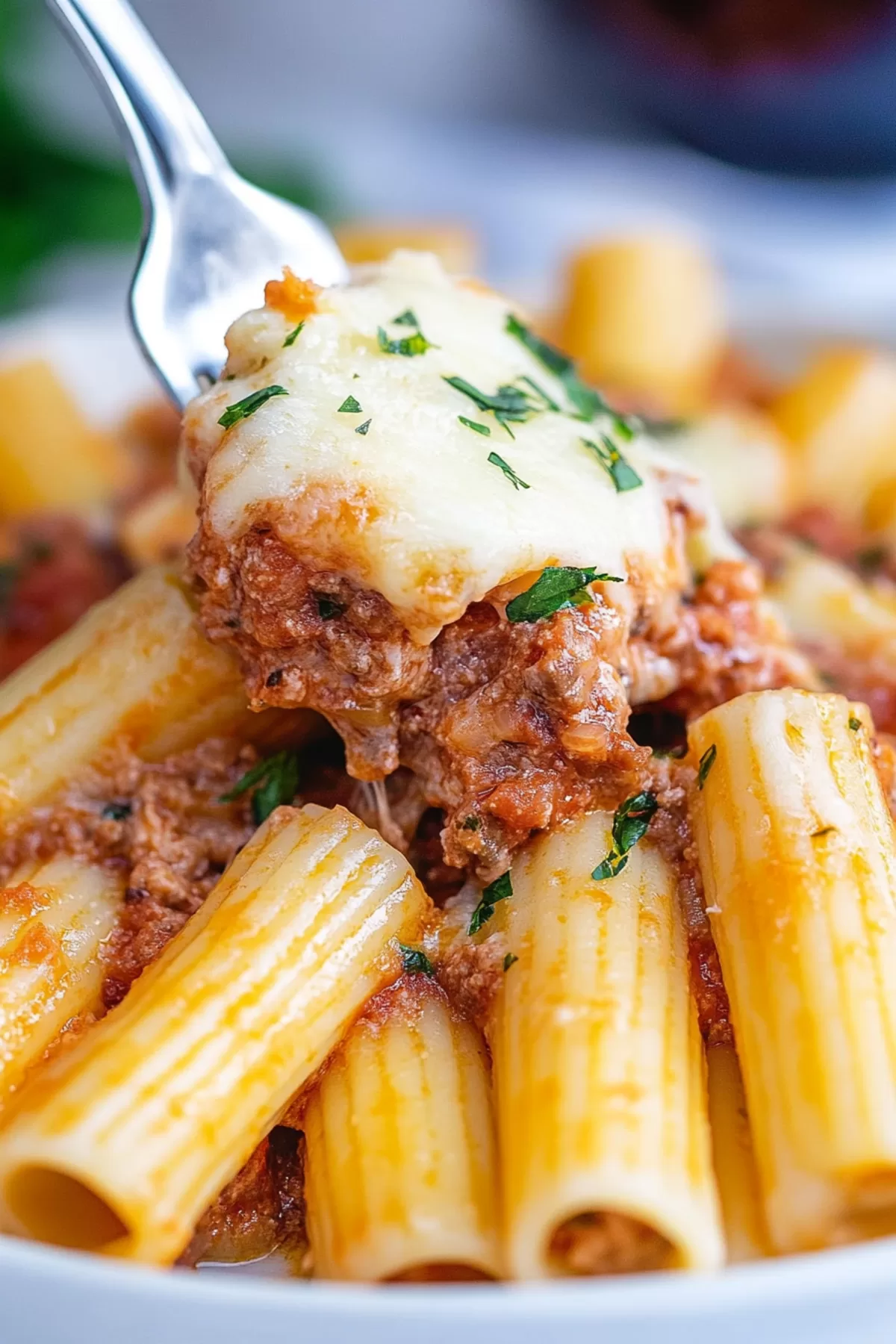 Close-up of a fork lifting a piece of pasta, revealing a creamy filling and rich sauce.