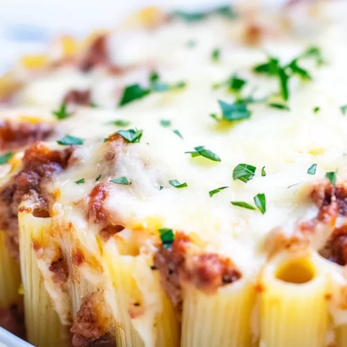 A casserole dish filled with layered rigatoni topped with melted cheese and fresh herbs.