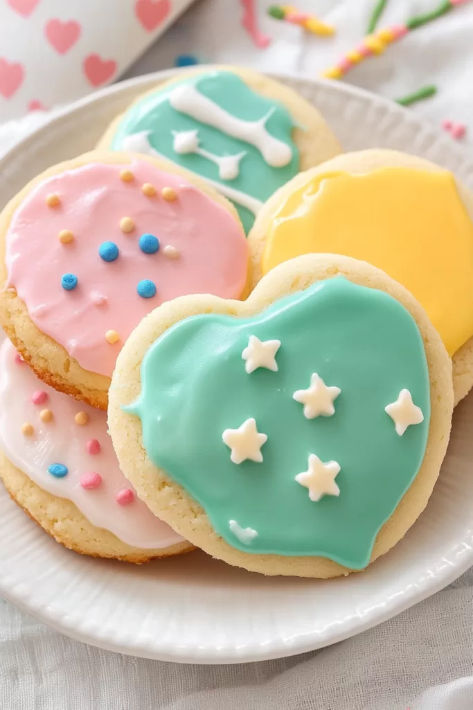 Decorated sugar cookies with smooth, glossy icing in vibrant colors.