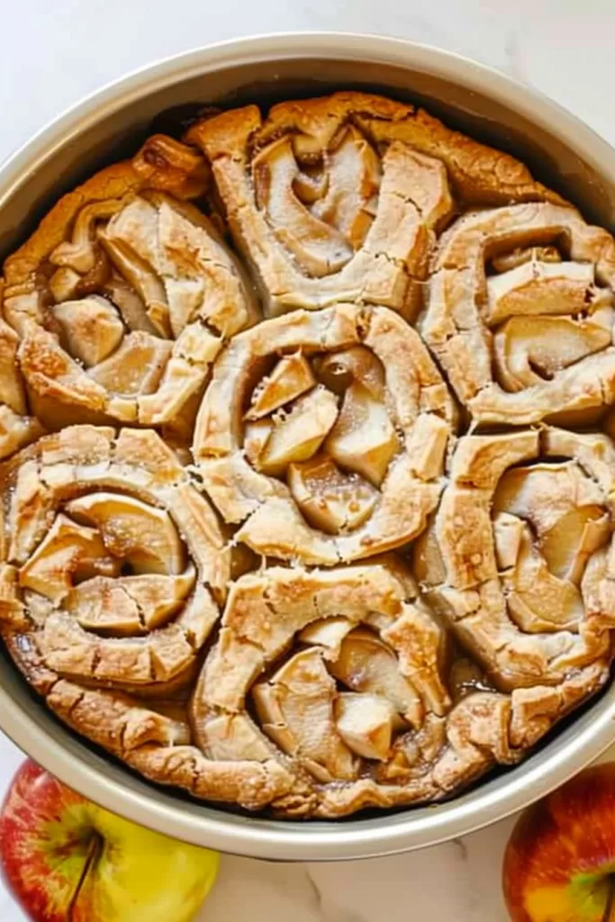 Close-up of golden-brown pinwheel pastries topped with warm apple filling in a baking dish.