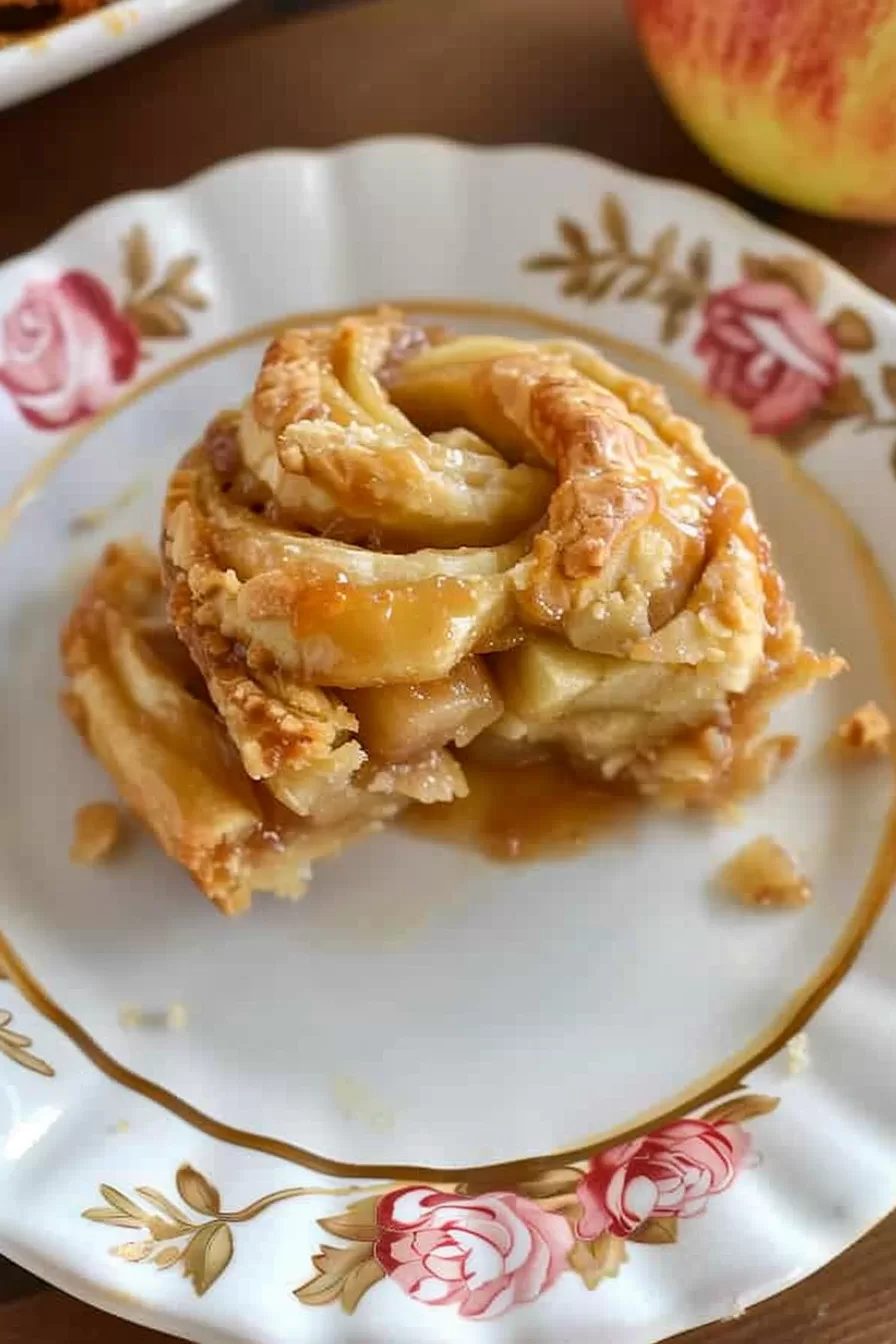 Slices of apple pinwheel cobbler with a flaky, golden crust served in a rustic dish.