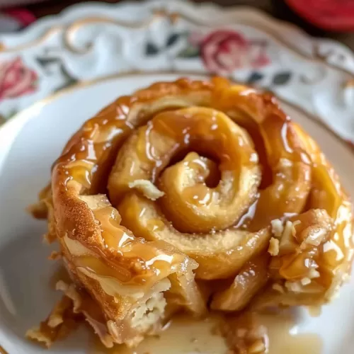 Overhead view of pinwheel cobbler, with visible apple pieces and rich pastry layers.