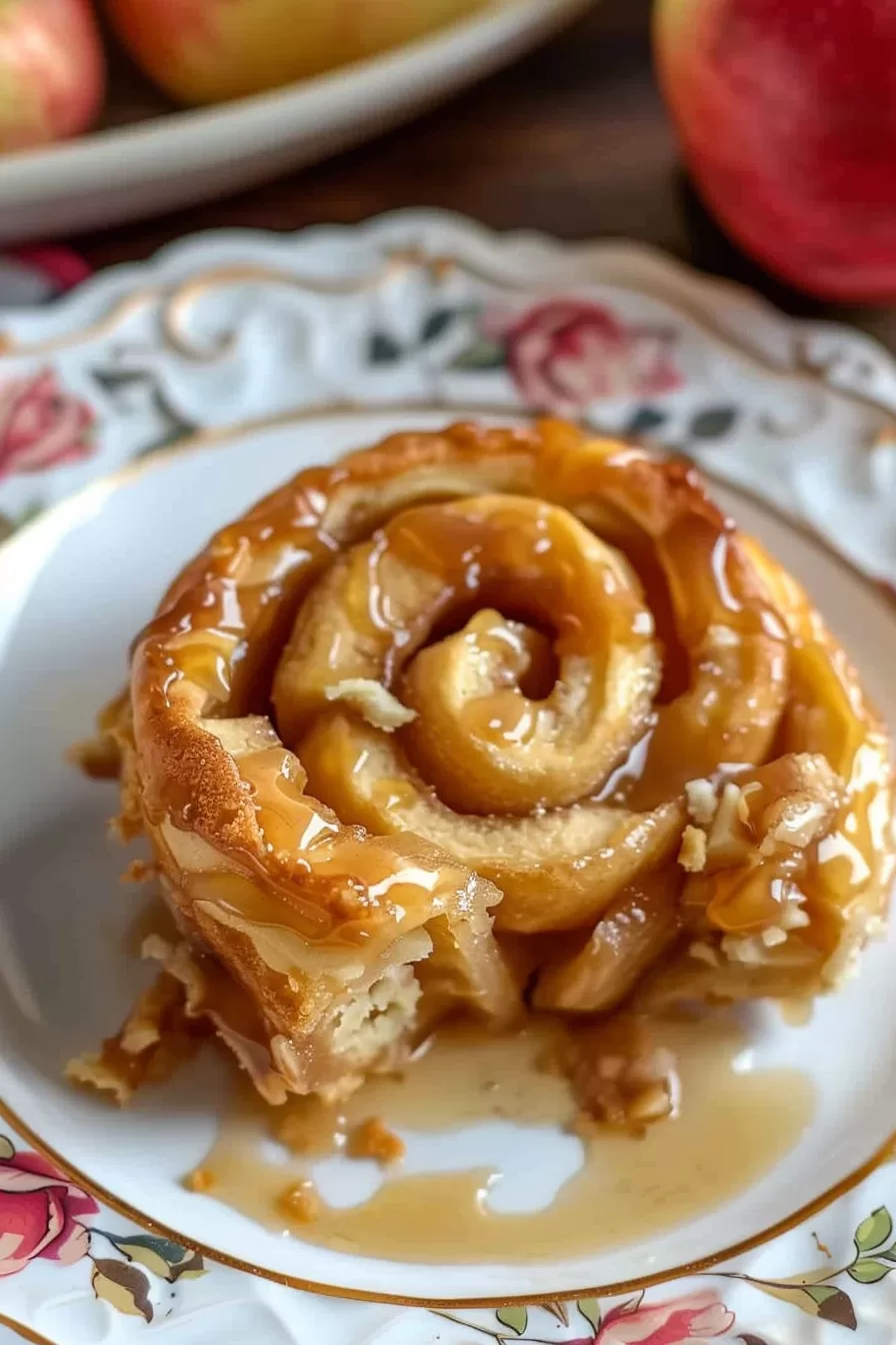 Overhead view of pinwheel cobbler, with visible apple pieces and rich pastry layers.