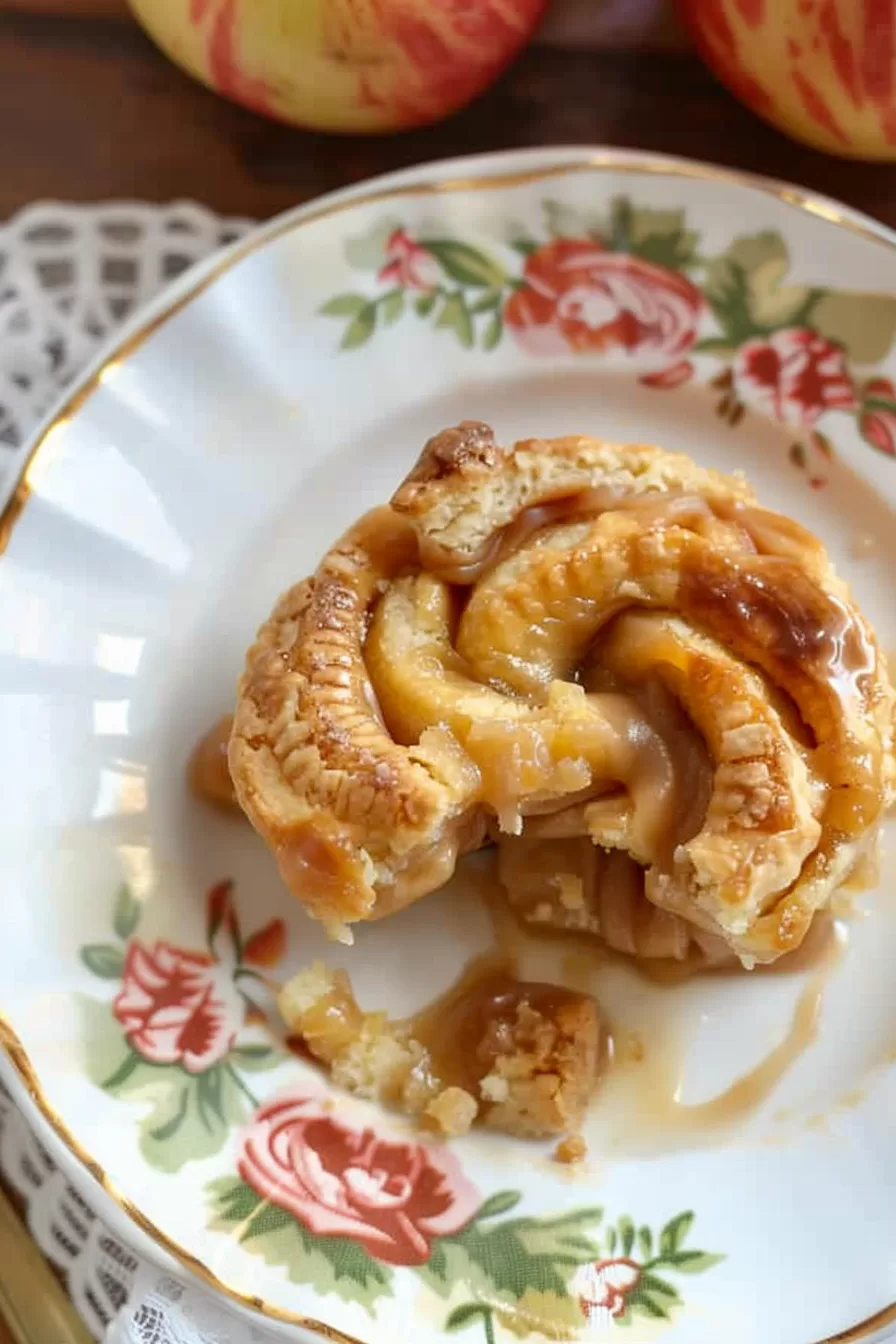 Individual portion of apple pinwheel cobbler on a plate, highlighting crispy layers and soft apple filling.