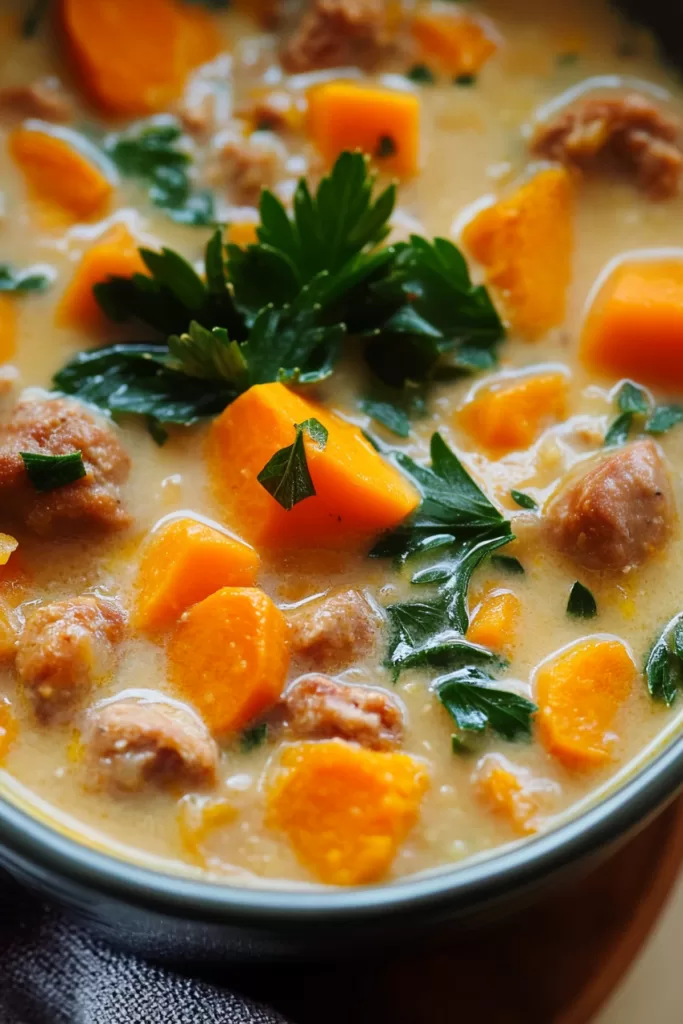 A bowl of hearty soup featuring chunks of sweet potatoes and sausage in a savory broth.