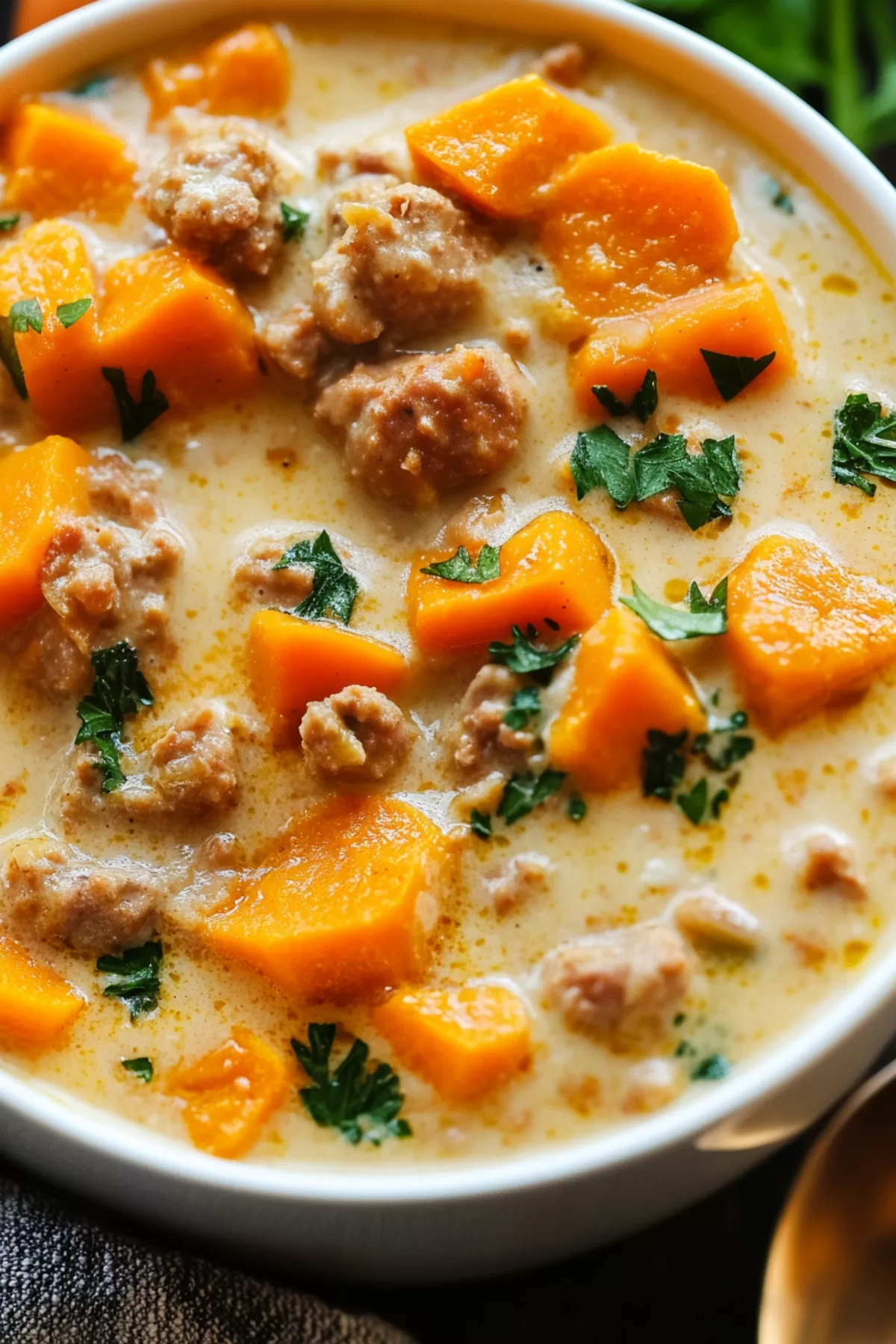 Close-up of a comforting soup with vibrant vegetables and tender sausage pieces.