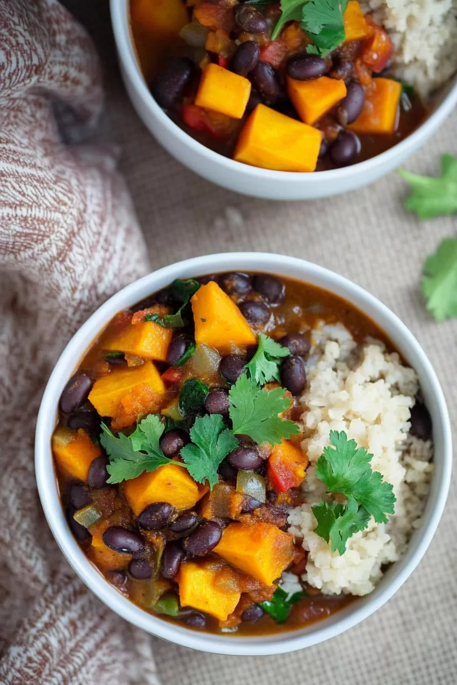 Bright orange and black bean soup in a white pot, topped with fresh greens for a pop of color and freshness.