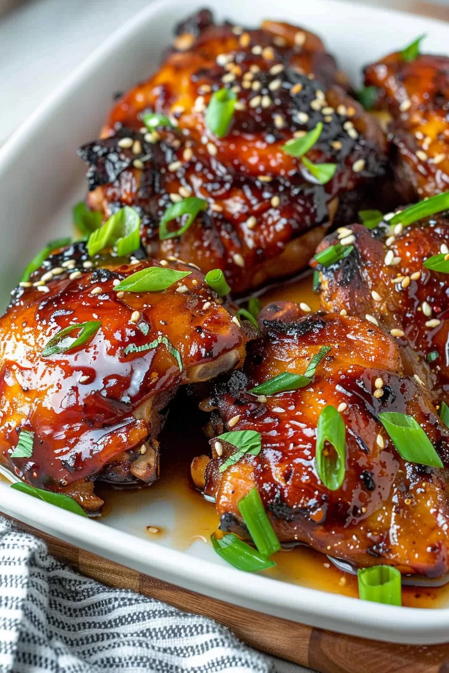 Tender, sticky chicken thighs with a beautiful glaze and sesame seeds, ready to serve.