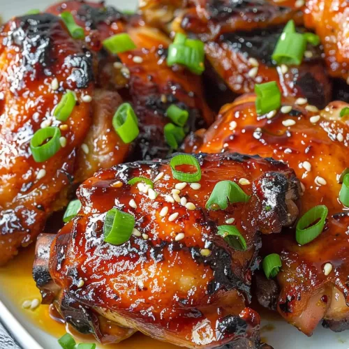 Close-up of glazed chicken thighs garnished with sesame seeds and fresh green onions.