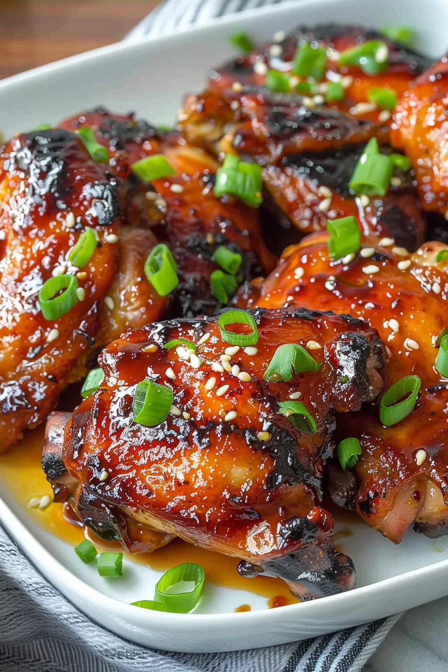 Close-up of glazed chicken thighs garnished with sesame seeds and fresh green onions.