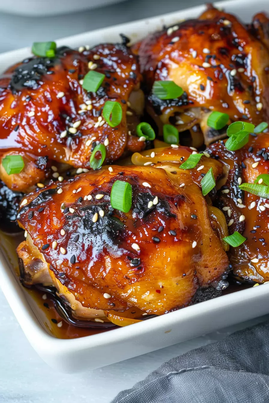 Plate of juicy chicken thighs with a caramelized sticky sauce, topped with green onion slices.