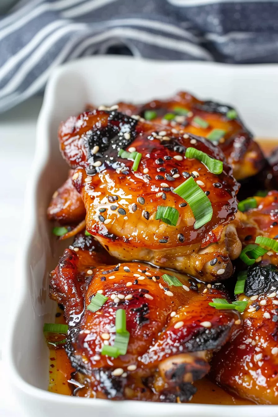 Golden-brown chicken thighs with a sweet and savory glaze, sprinkled with fresh herbs.