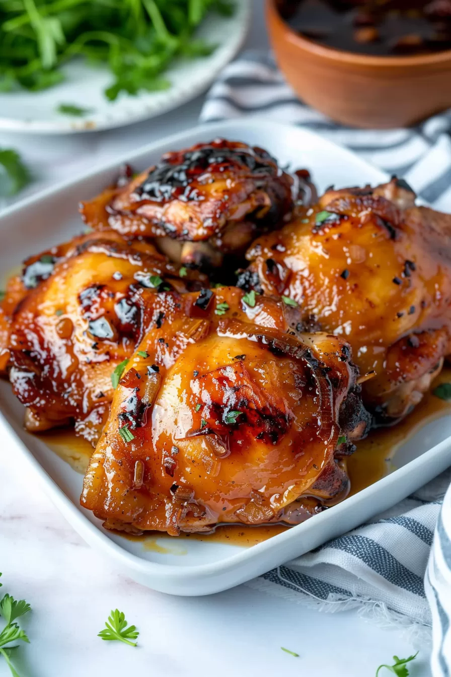 Served dish of sticky chicken thighs with a glossy finish and garnished with sesame and green onions.