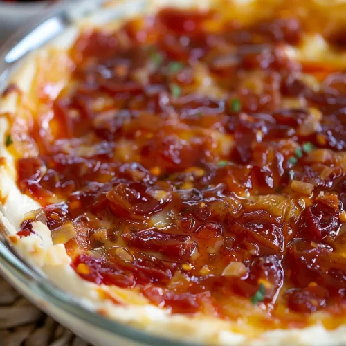 Close-up of a rich, layered dip with a glossy, colorful jelly topping.