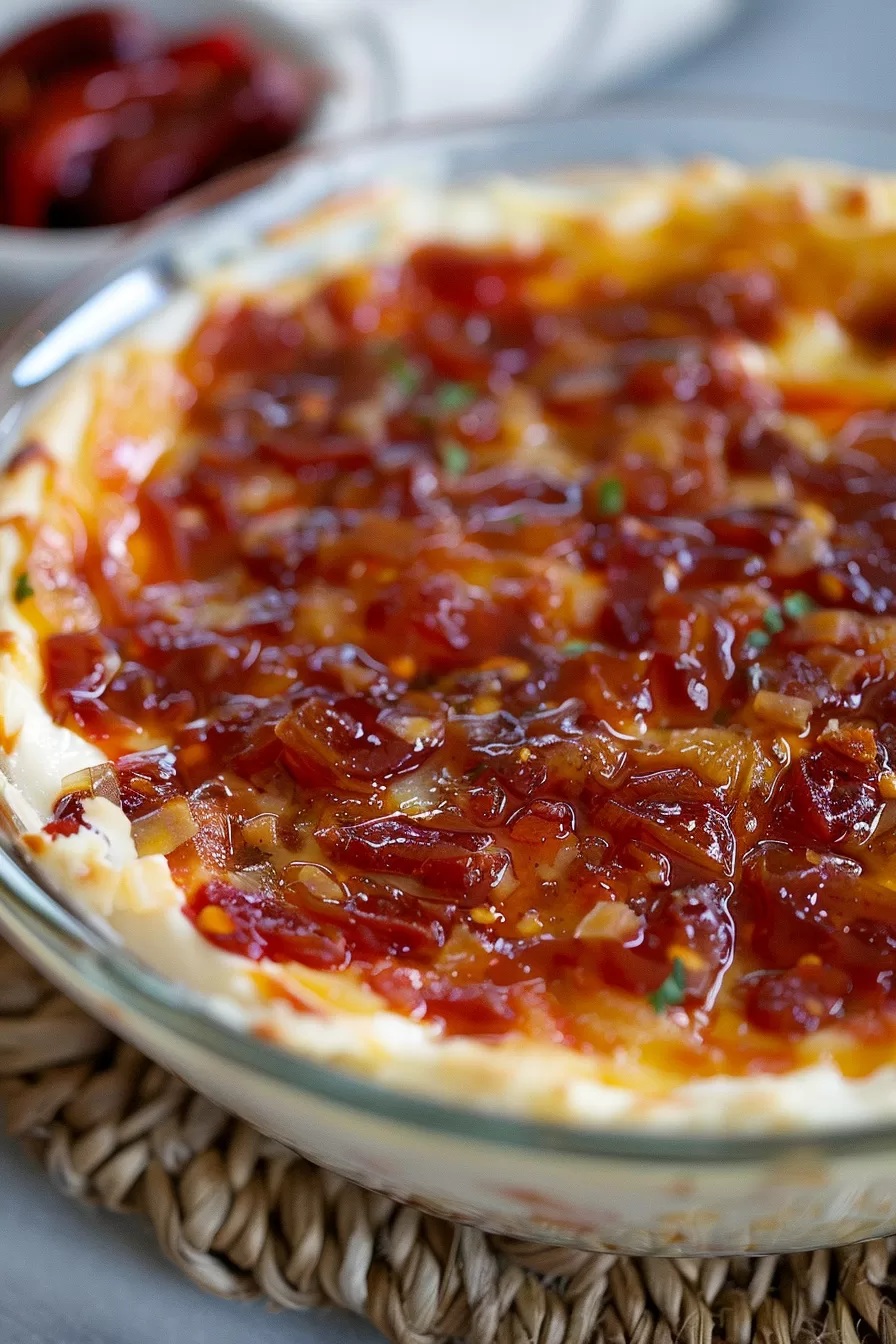 Close-up of a rich, layered dip with a glossy, colorful jelly topping.