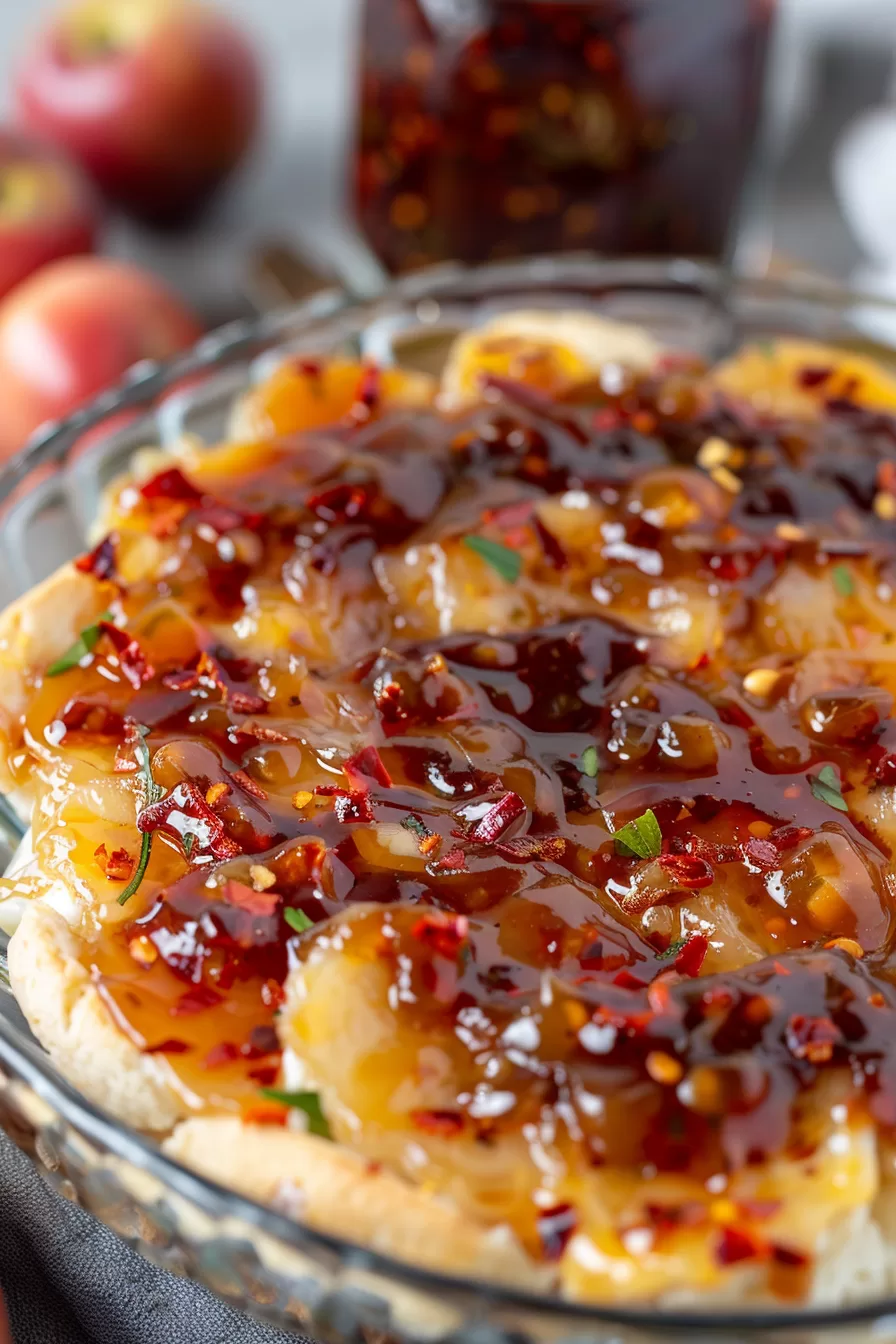 A serving dish with a smooth cheese base and a bright, spicy jelly layer on top.