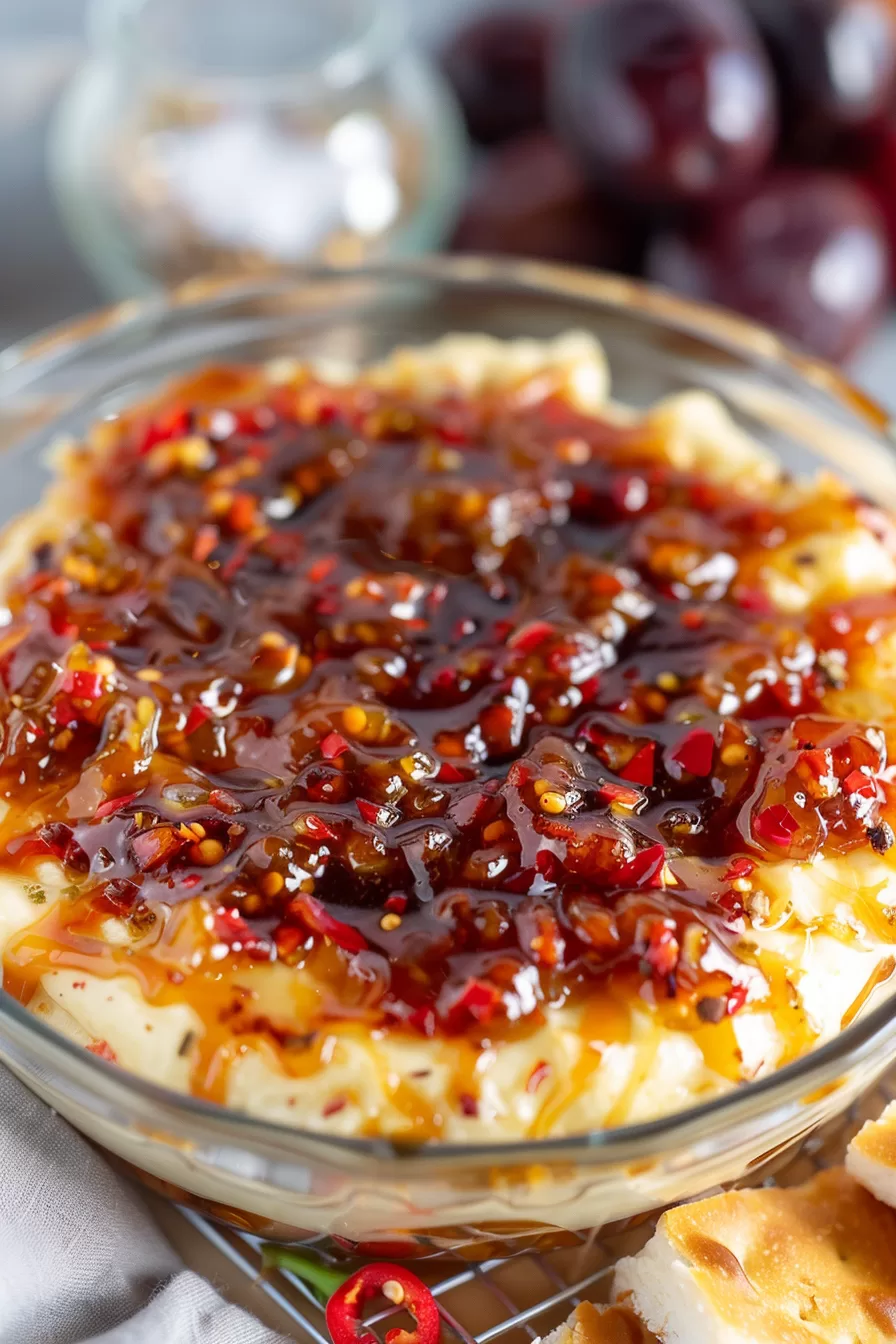 A creamy cheese dip topped with a vibrant layer of pepper jelly.