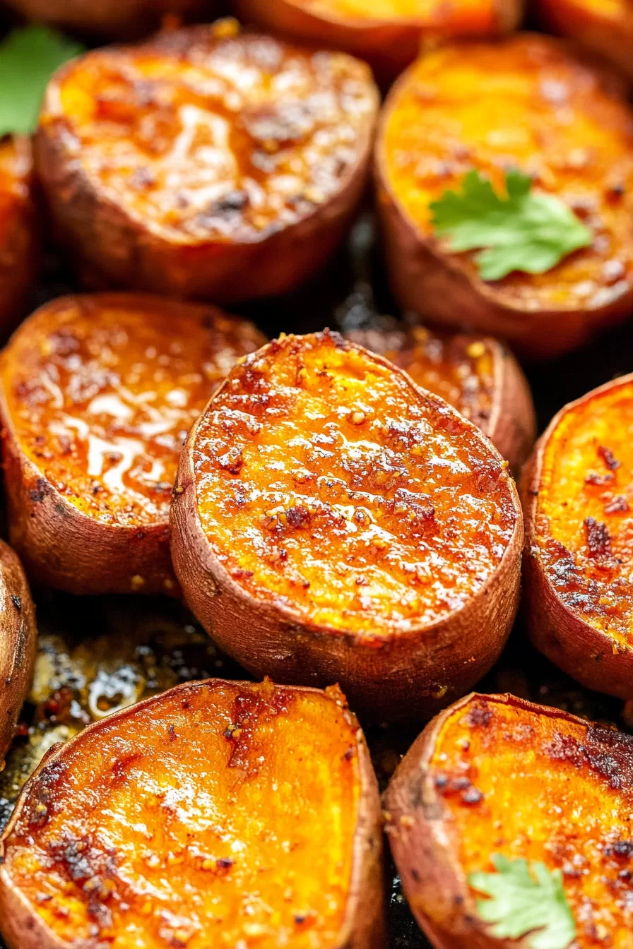 Roasted sweet potatoes with a caramelized, spicy glaze, garnished with fresh herbs.