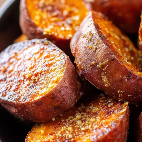 Close-up of golden sweet potato chunks with a glossy, sweet-and-spicy coating.