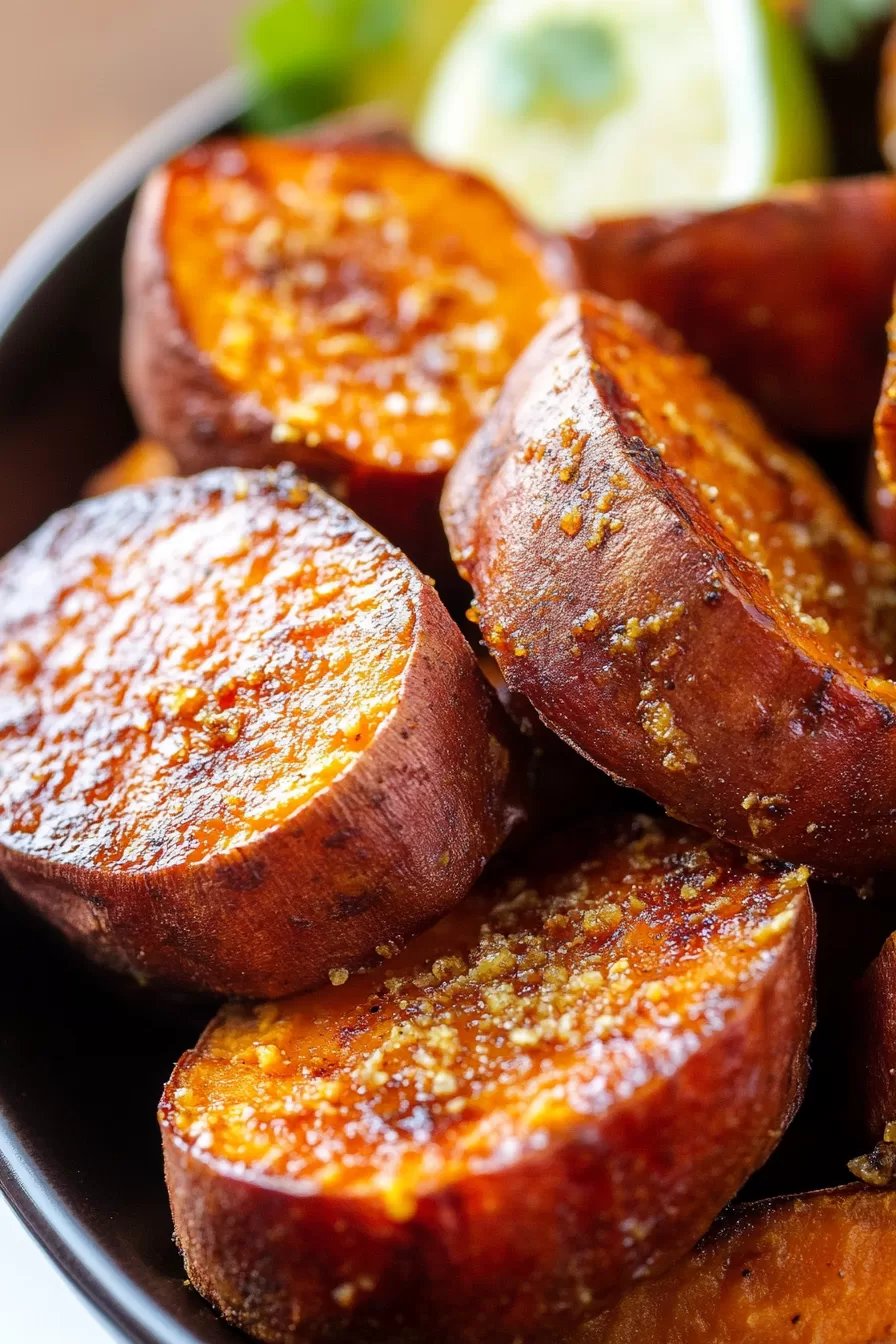 Close-up of golden sweet potato chunks with a glossy, sweet-and-spicy coating.