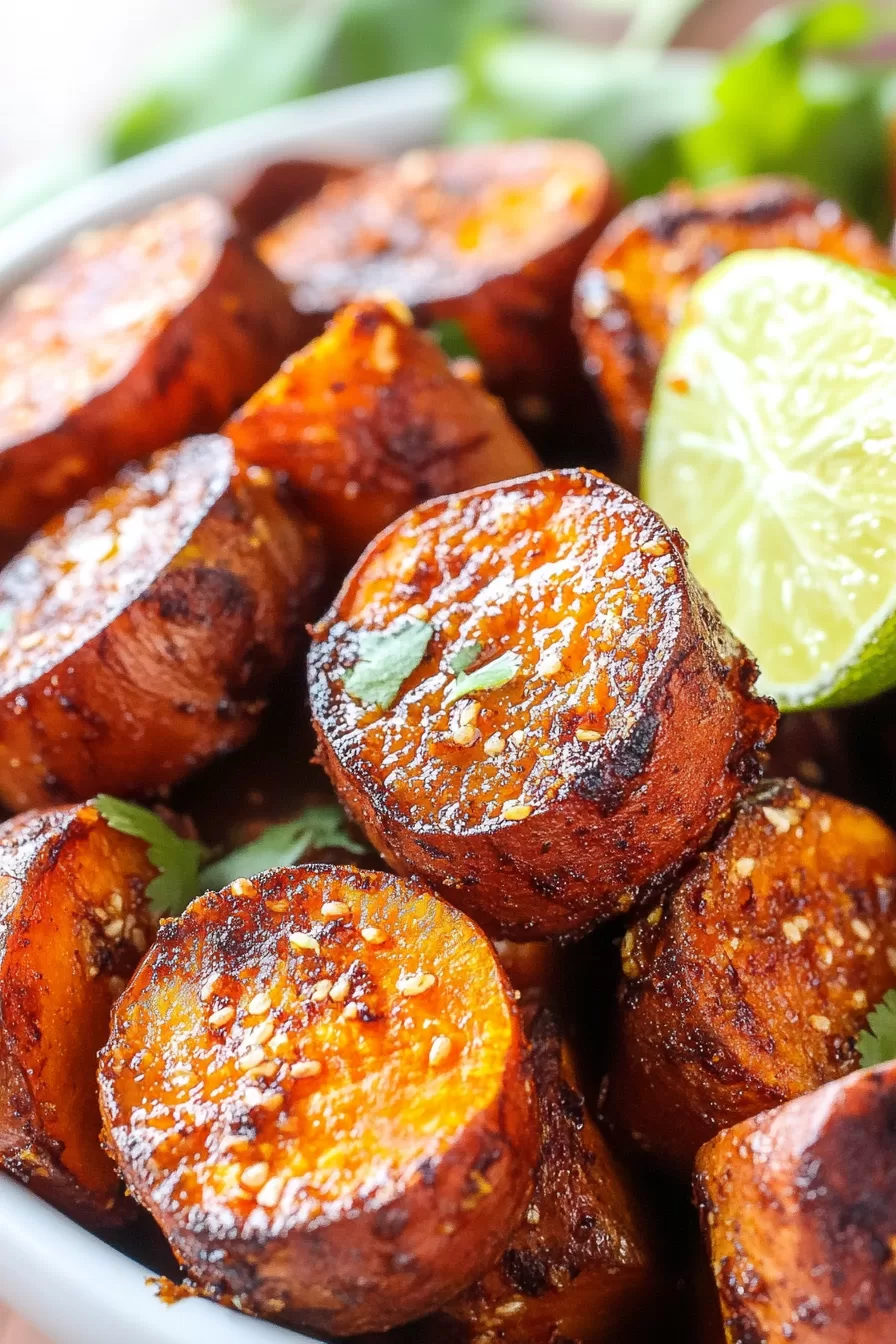 Bowl of cubed sweet potatoes roasted to crispy edges with a touch of spice.