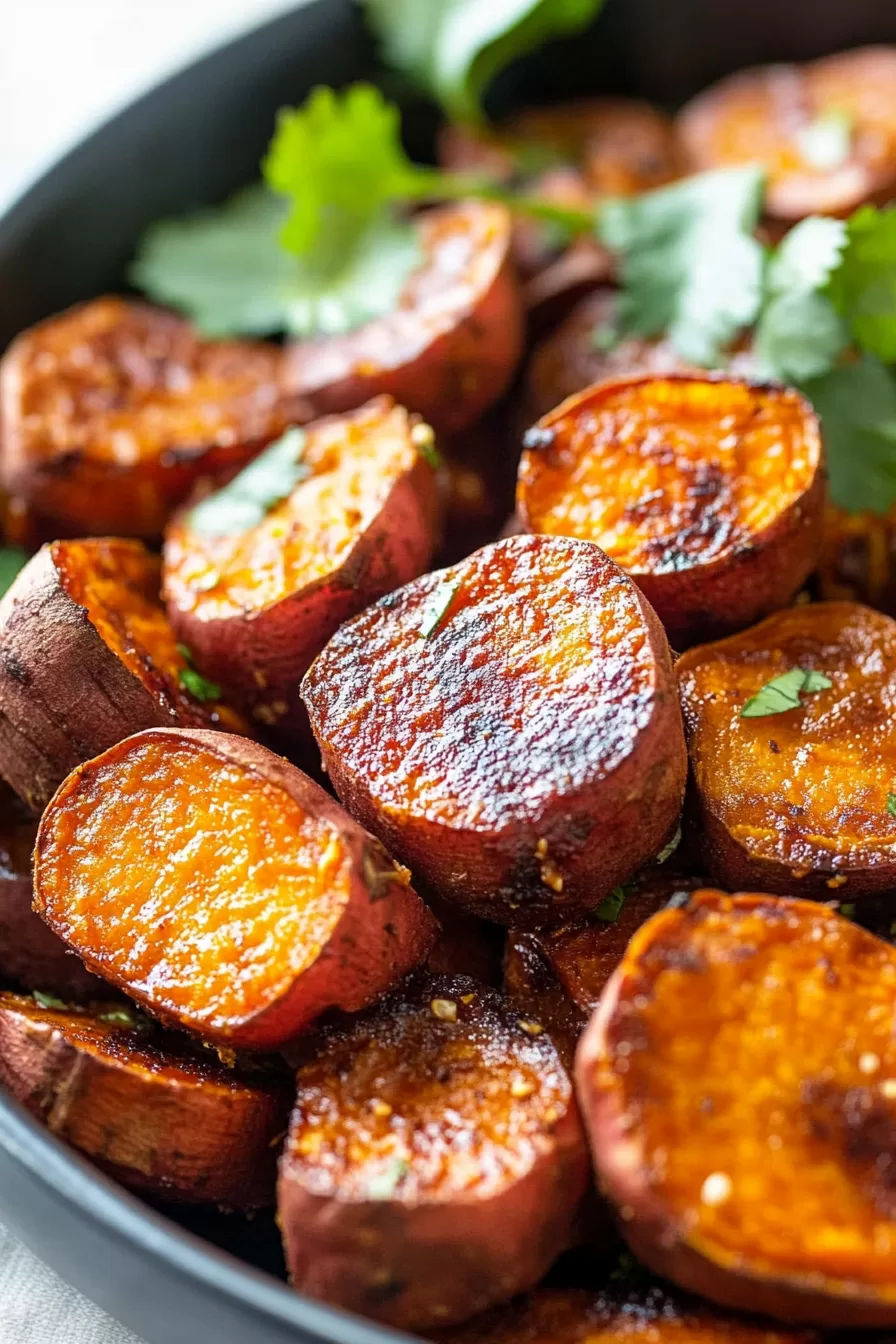 Sweet potato pieces with a rich, spicy-sweet glaze, served as a side dish.