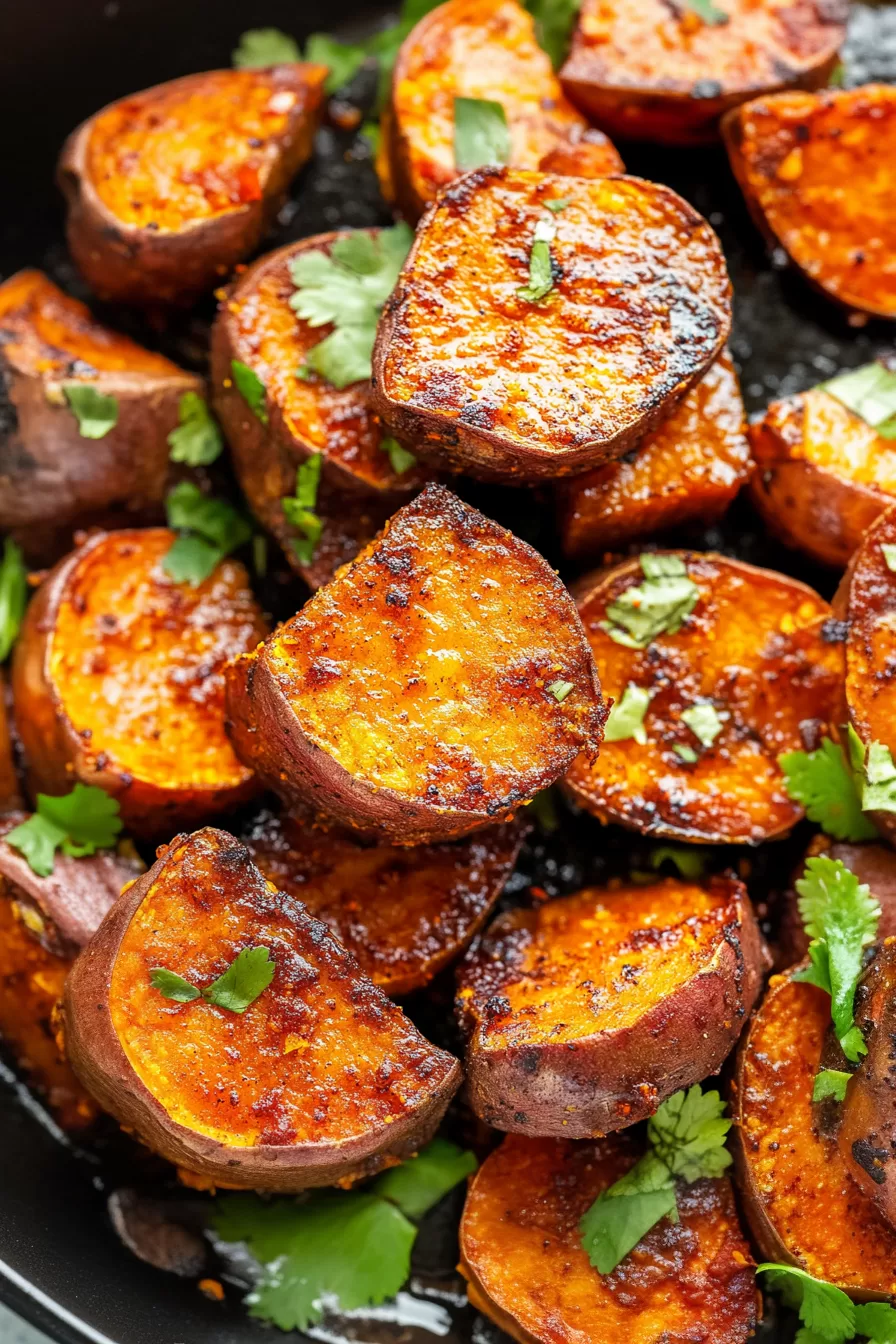 Roasted sweet potatoes with a drizzle of spicy sauce and a sprinkle of fresh herbs.