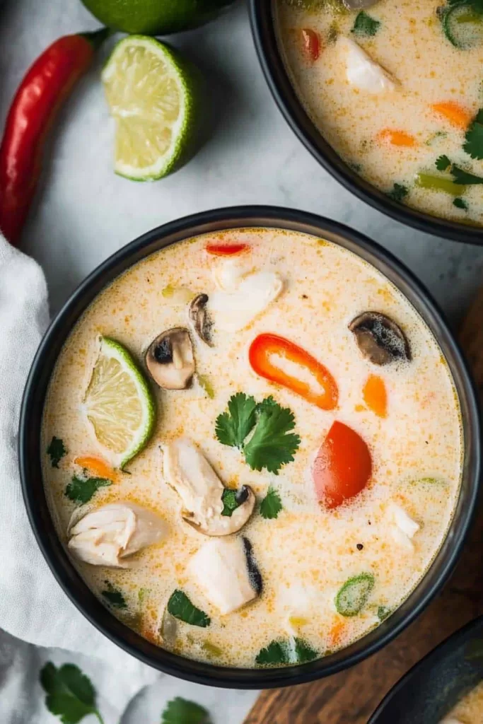 A bowl of creamy soup with a hint of spice, garnished with fresh herbs and lime slices, served on a wooden table.