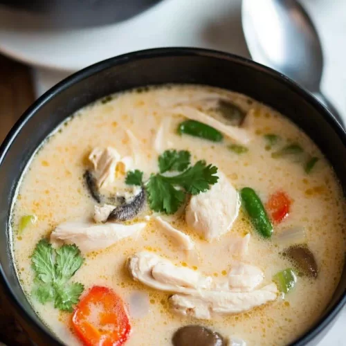 Close-up of a steaming bowl of soup featuring vibrant red chili slices and a sprinkle of cilantro.