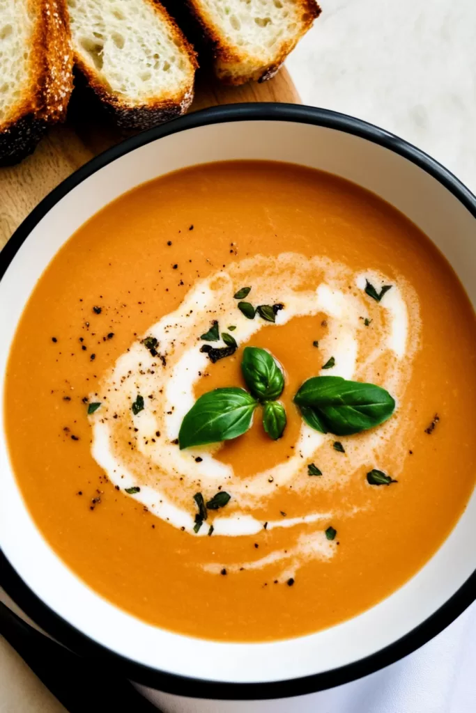 Close-up of a velvety soup served with a side of crusty bread for dipping.