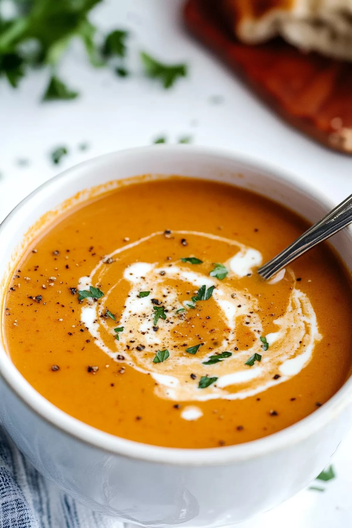 A creamy bowl of rich, red soup garnished with fresh basil leaves and a drizzle of cream.