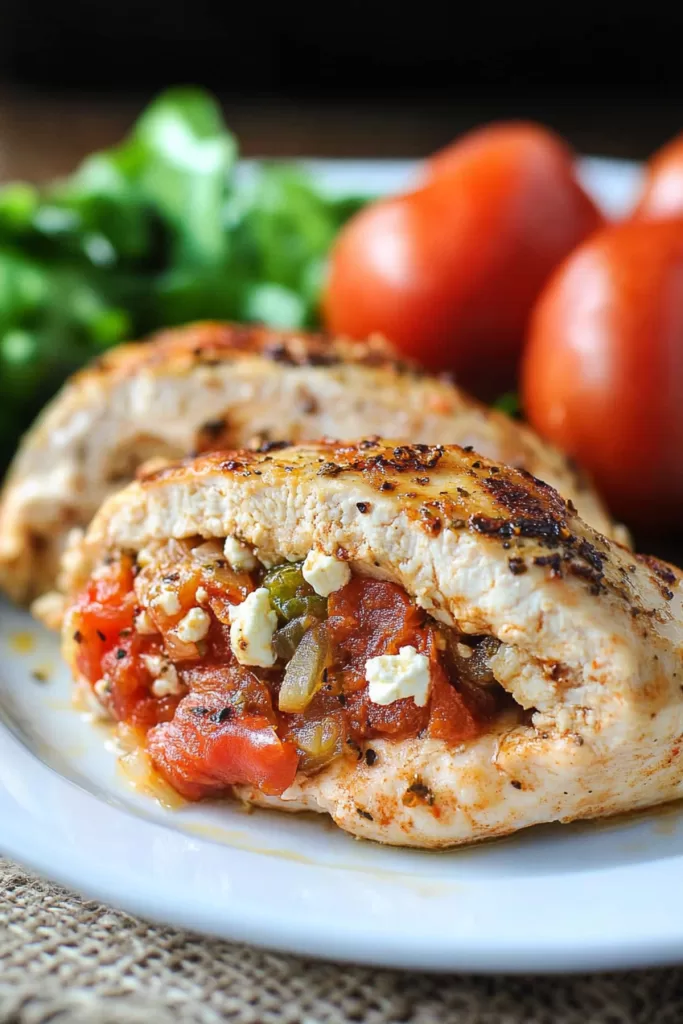 Juicy chicken breast sliced open to reveal a flavorful filling with melted cheese and herbs.