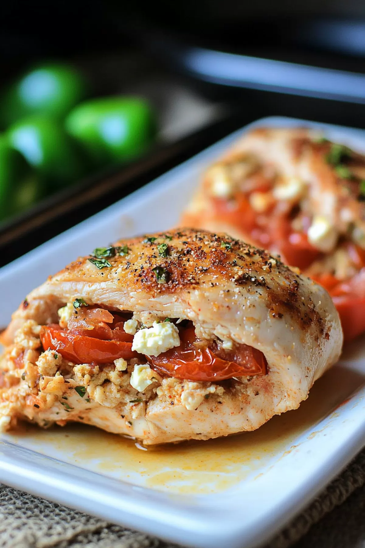 Golden-brown stuffed chicken served on a plate with fresh herbs on top.