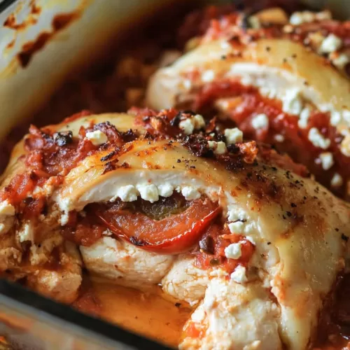 Close-up of chicken filled with a savory mixture, showing a vibrant blend of colors.