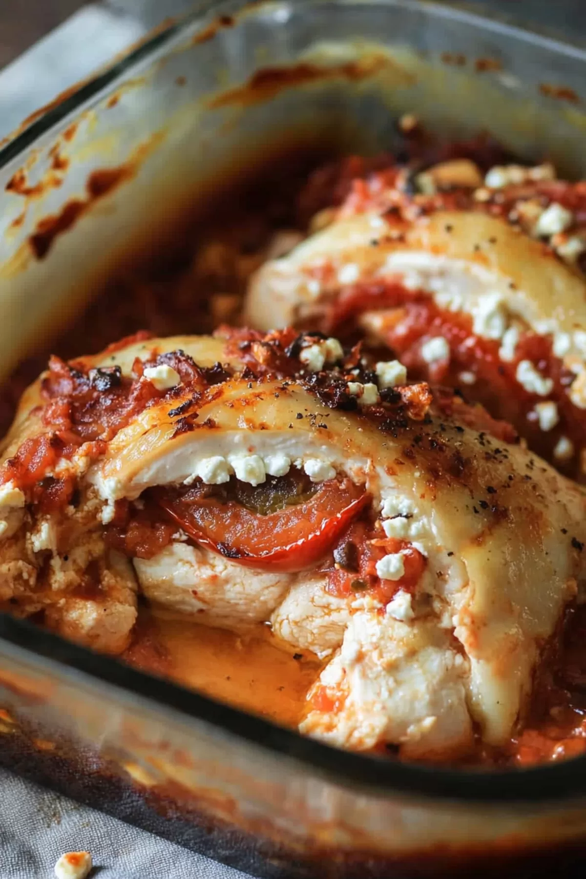 Close-up of chicken filled with a savory mixture, showing a vibrant blend of colors.