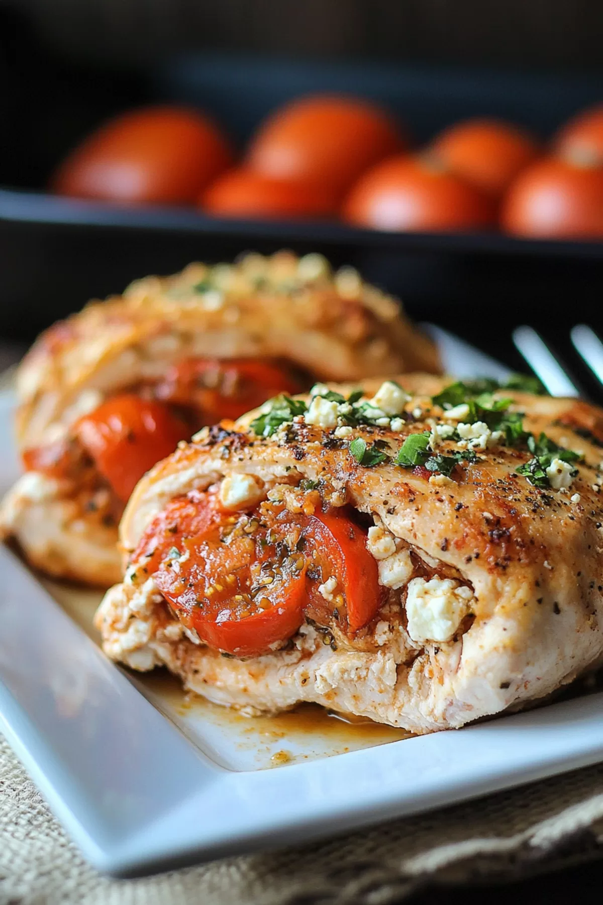 Baked chicken breast with a cheesy, vegetable-filled center, ready to be served.