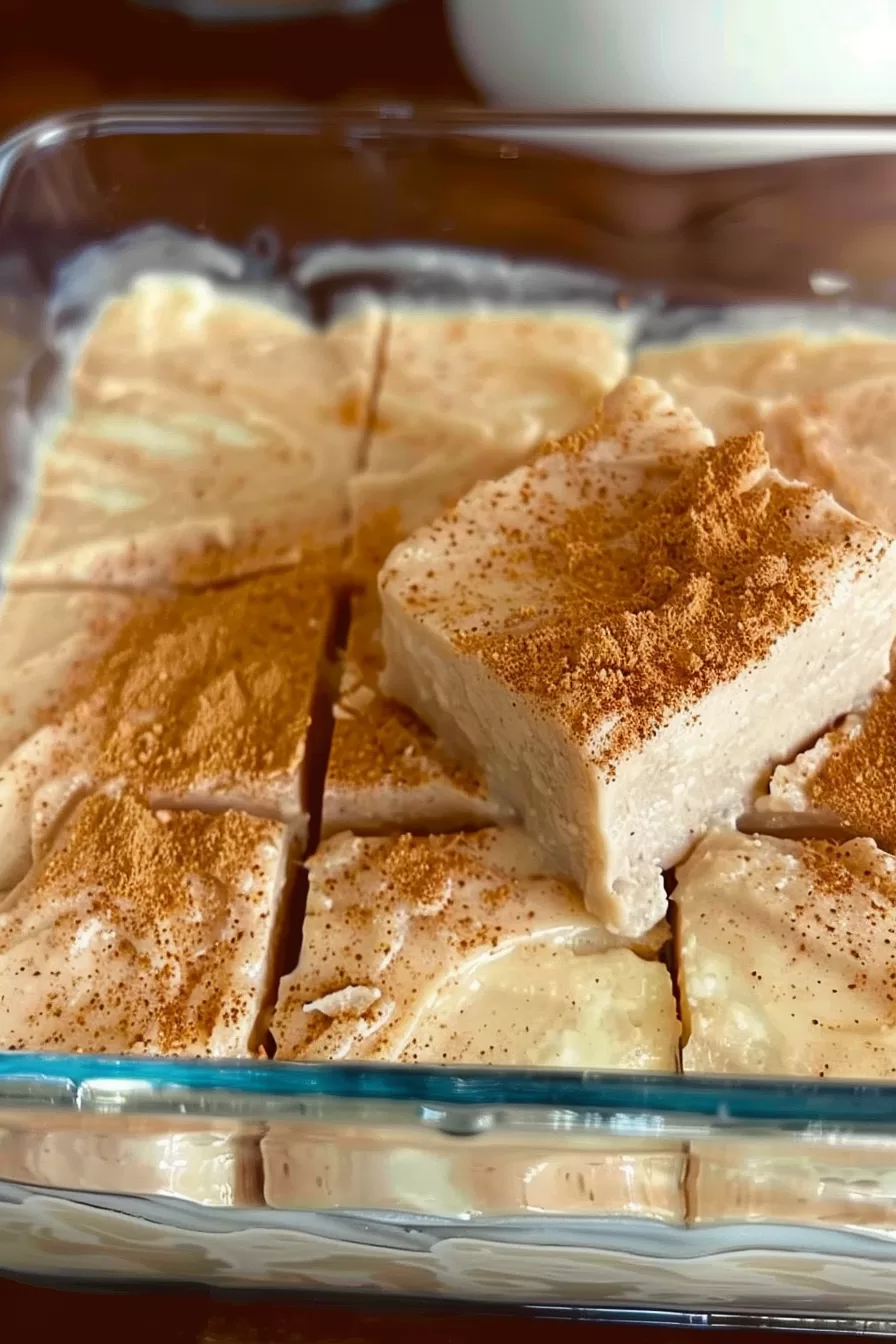 Close-up of a square piece of coconut natilla with a smooth texture and dusted with cinnamon.