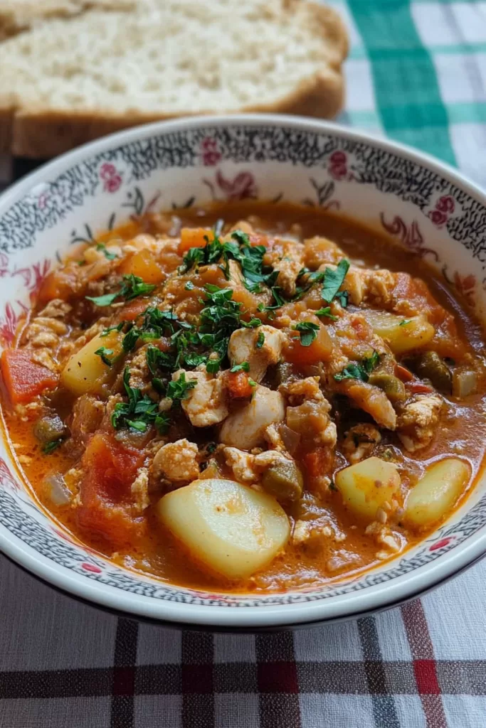 A hearty stew with tender chicken pieces, vibrant vegetables, and a rich tomato-based sauce.