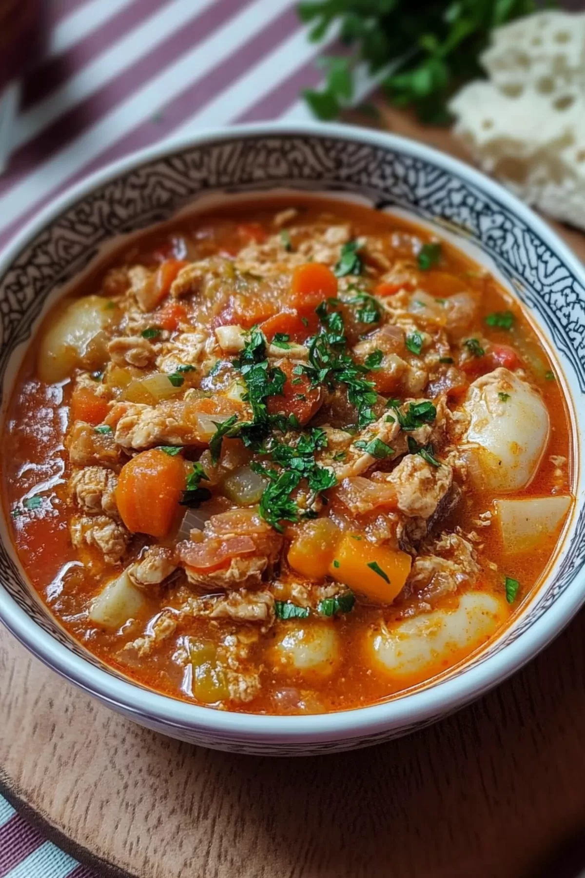 A comforting bowl of Turkish-inspired stew served with a side of fluffy rice.